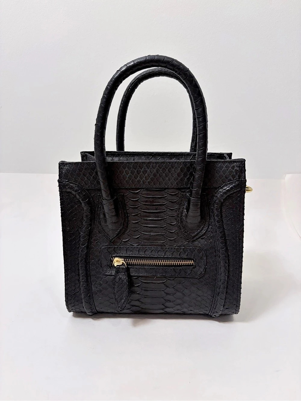 Carmin Black Snakeskin-Textured Mini Satchel with Detachable Strap